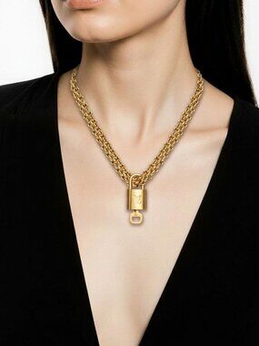Authentic Louis Vuitton Gold Padlock w/ Unbranded Fashion Stainless Steel Chain